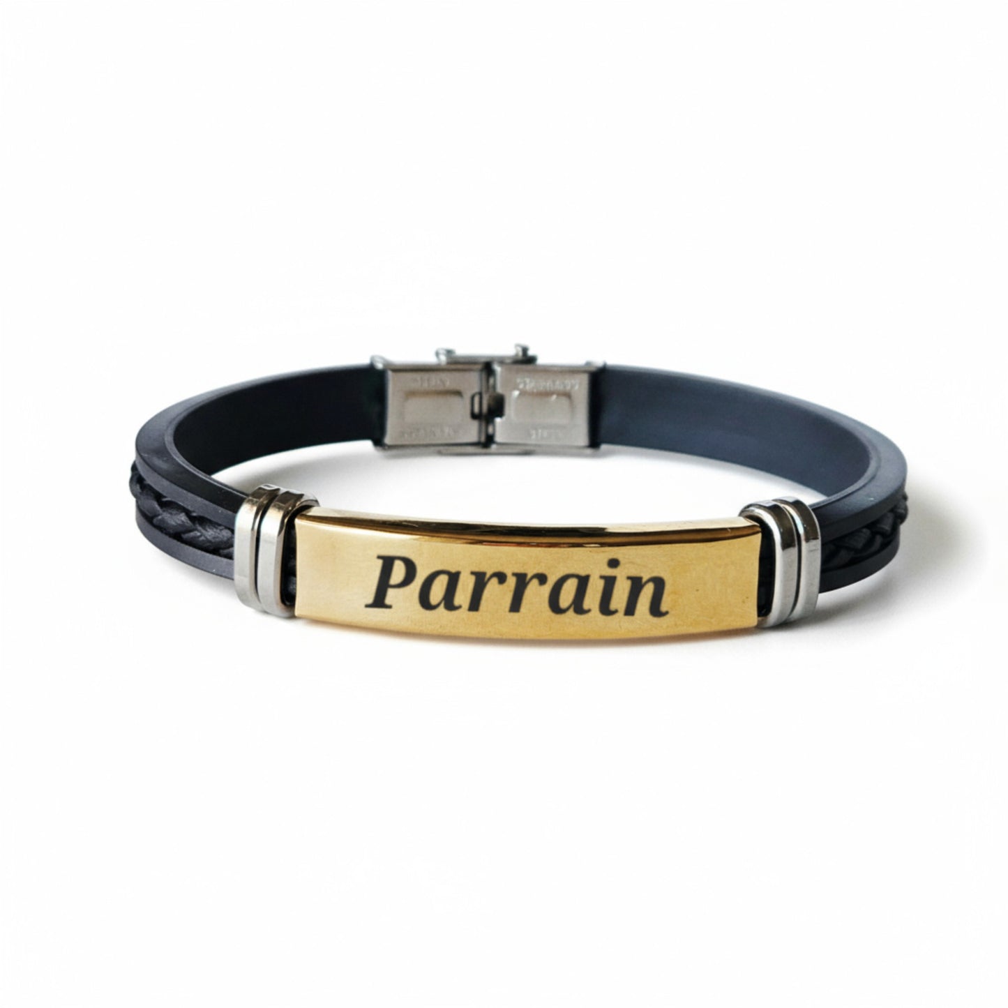 Bracelet homme personnalisé en acier doré et simili cuir – Gravure laser sur mesure