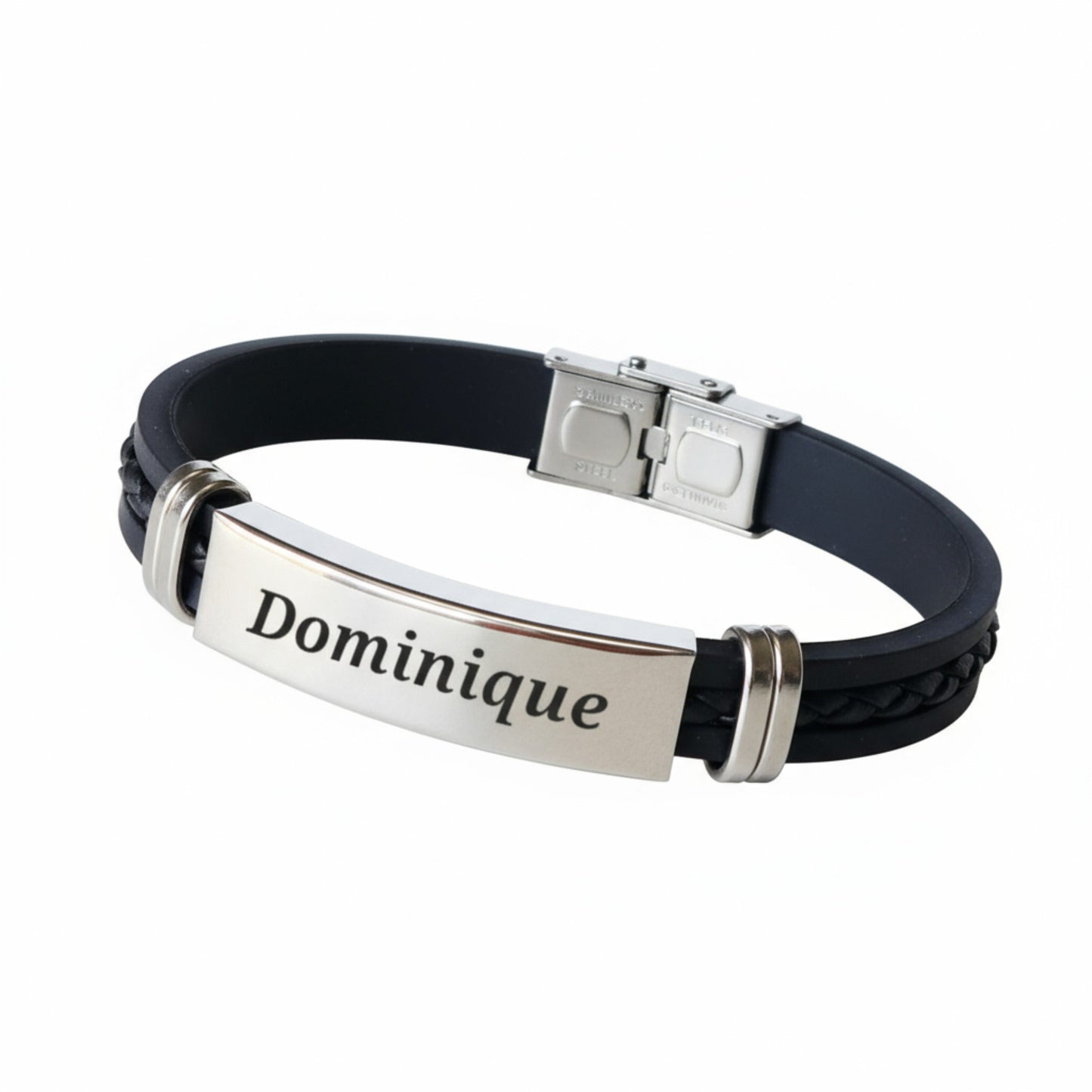 Bracelet homme personnalisé en acier argenté et simili cuir – Gravure laser durable