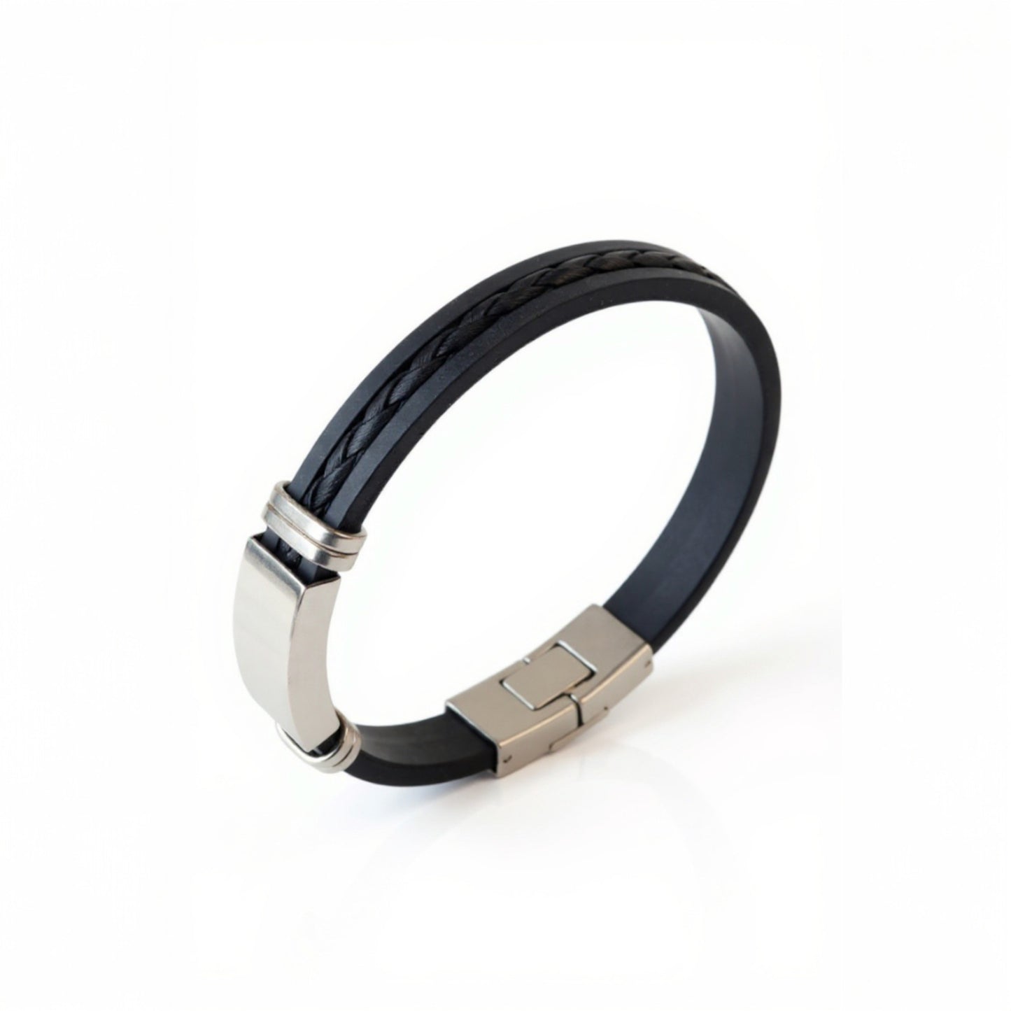 Bracelet homme personnalisé en acier argenté et simili cuir – Gravure laser durable
