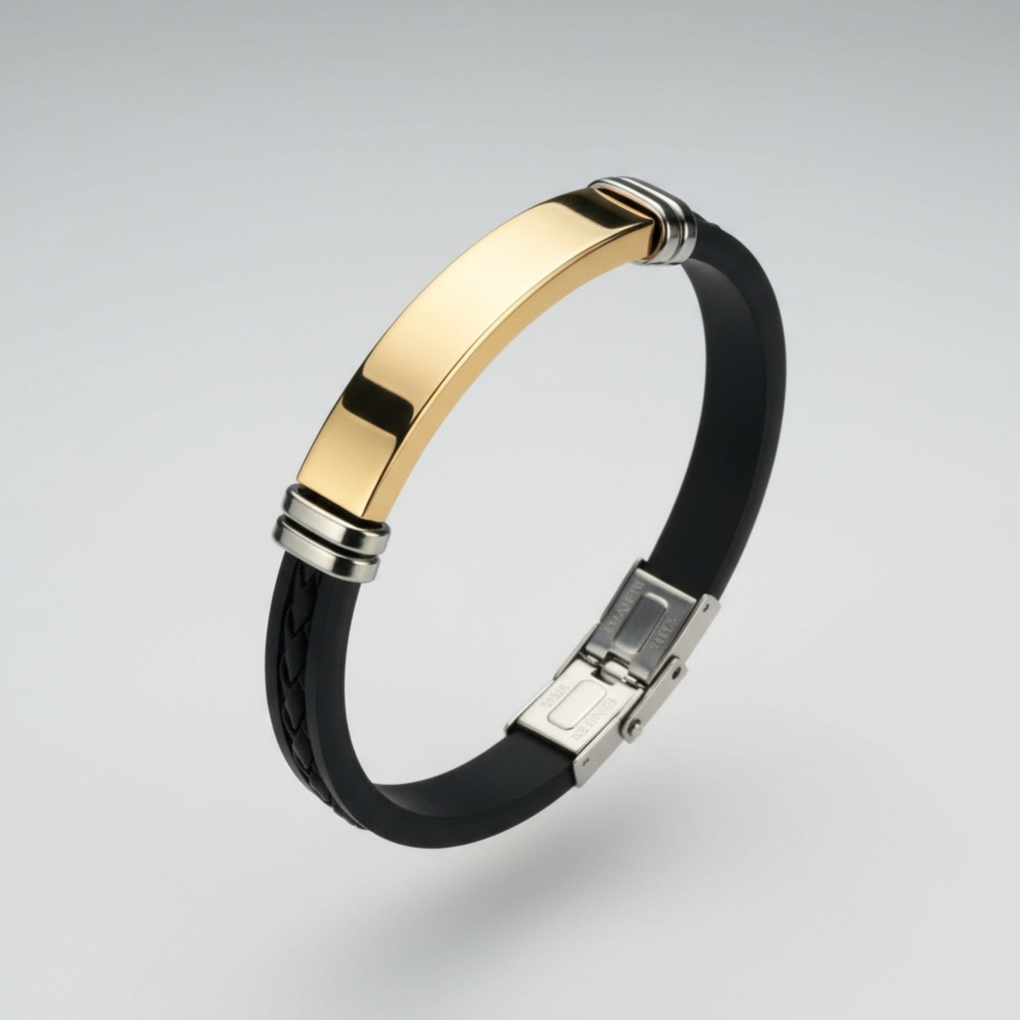 Bracelet homme personnalisé en acier doré et simili cuir – Gravure laser sur mesure