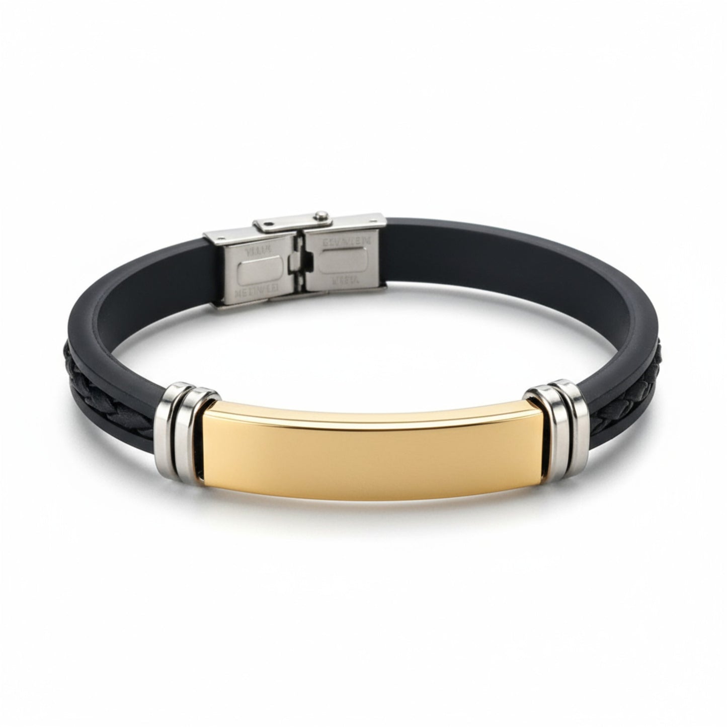 Bracelet homme personnalisé en acier doré et simili cuir – Gravure laser sur mesure