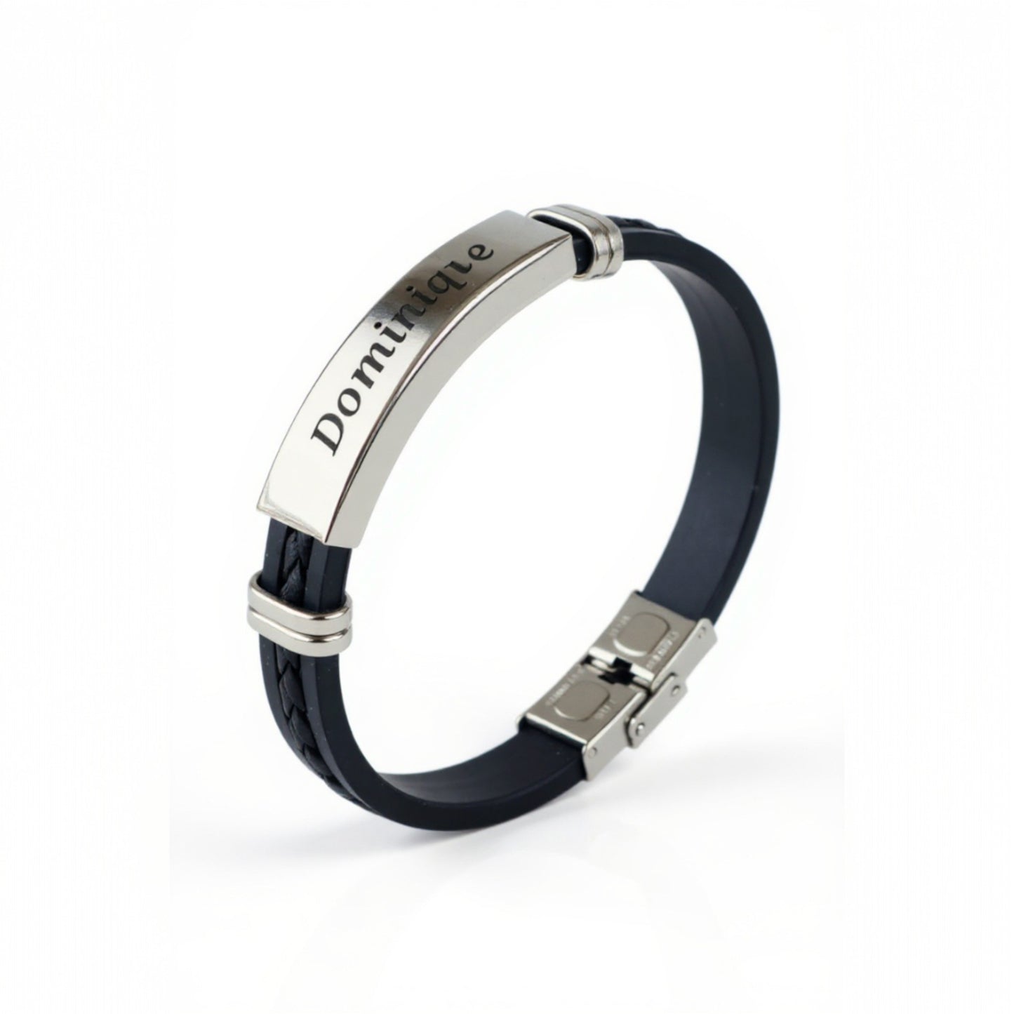 Bracelet homme personnalisé en acier argenté et simili cuir – Gravure laser durable