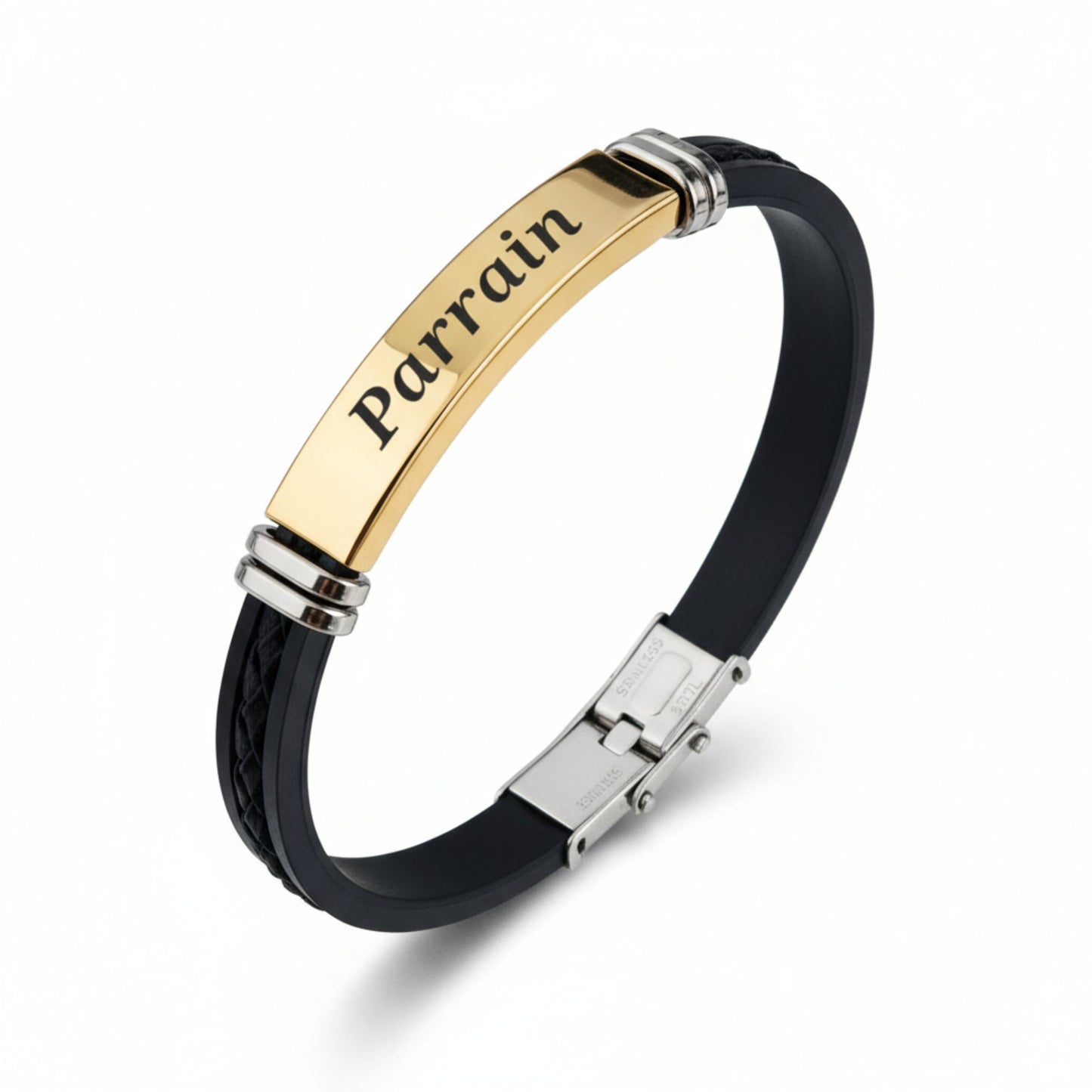Bracelet homme personnalisé en acier doré et simili cuir – Gravure laser sur mesure
