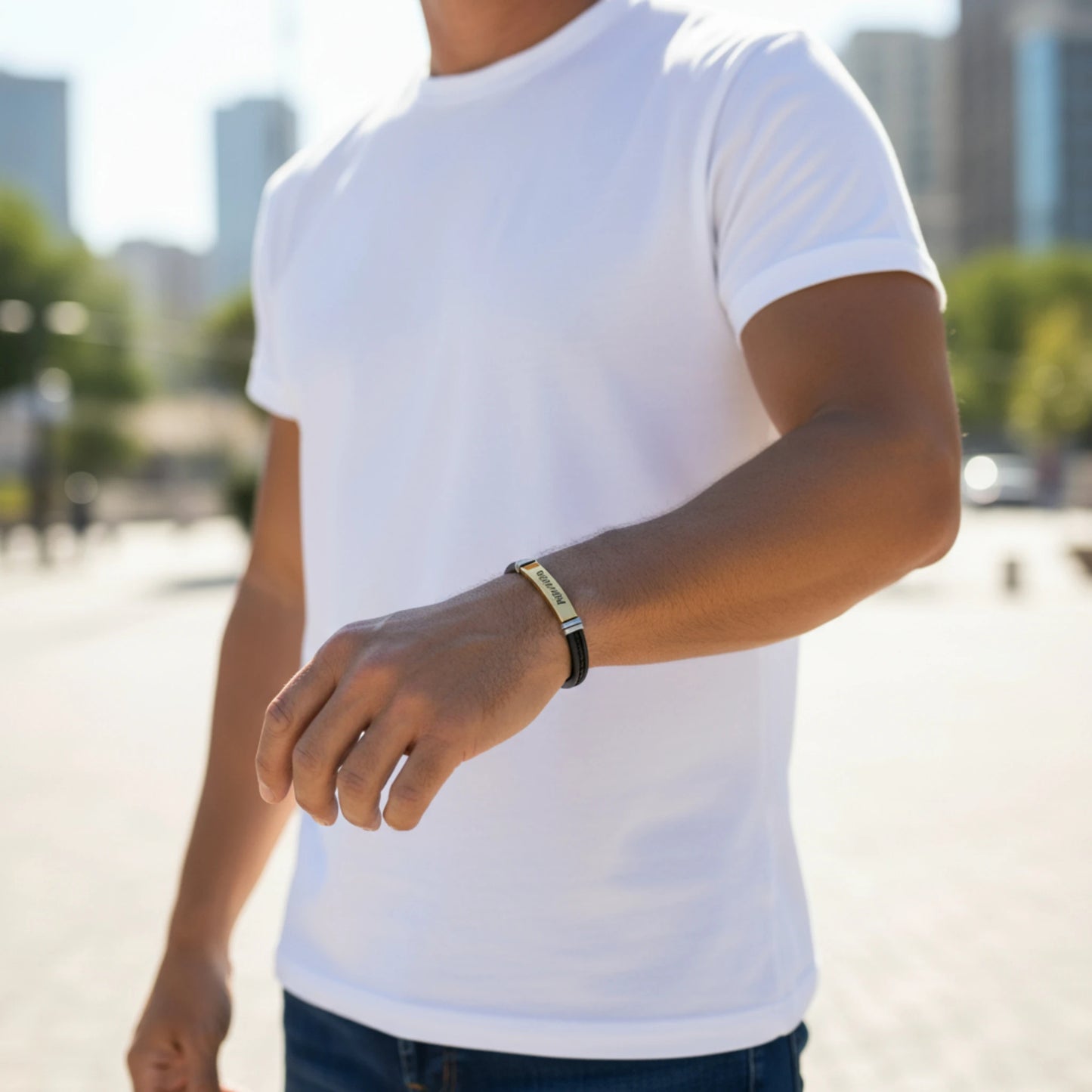 Bracelet homme personnalisé en acier doré et simili cuir – Gravure laser sur mesure