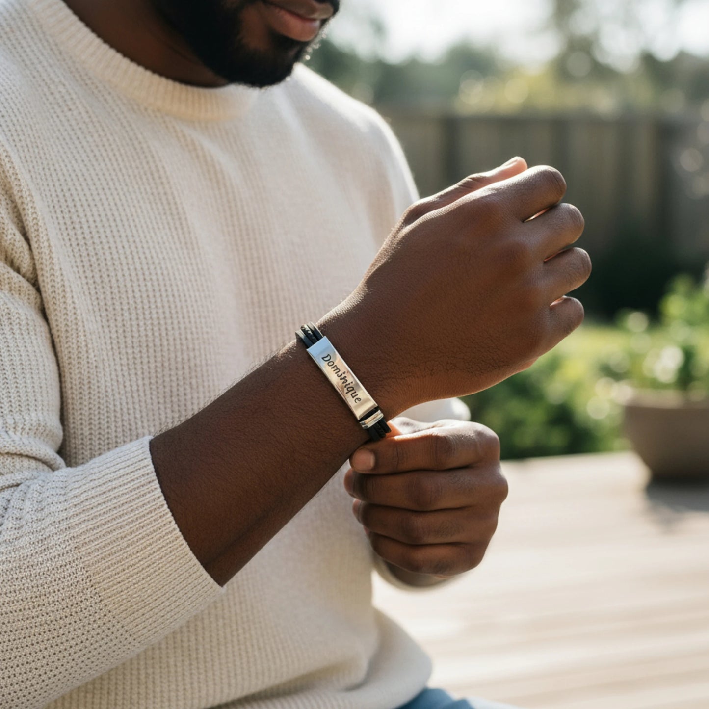 Bracelet homme personnalisé en acier argenté et simili cuir – Gravure laser durable