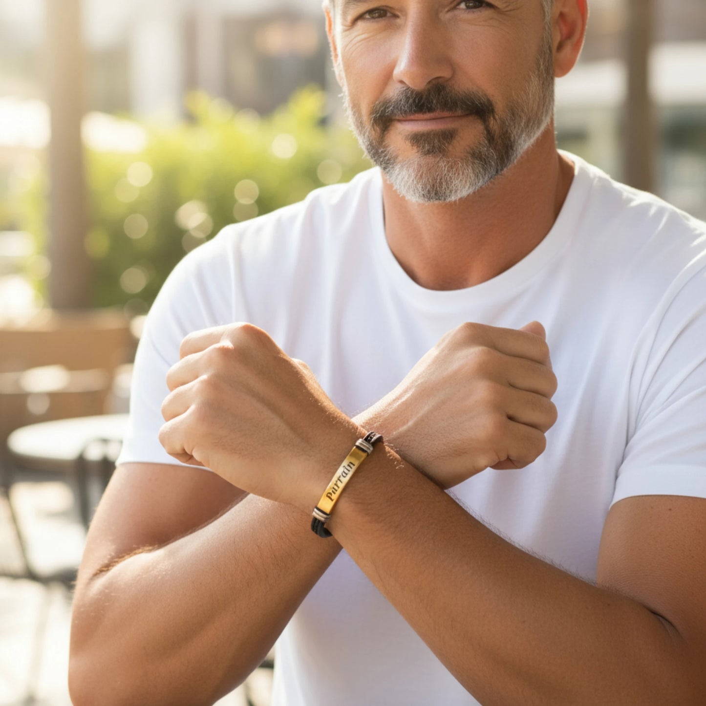 Bracelet homme personnalisé en acier doré et simili cuir – Gravure laser sur mesure