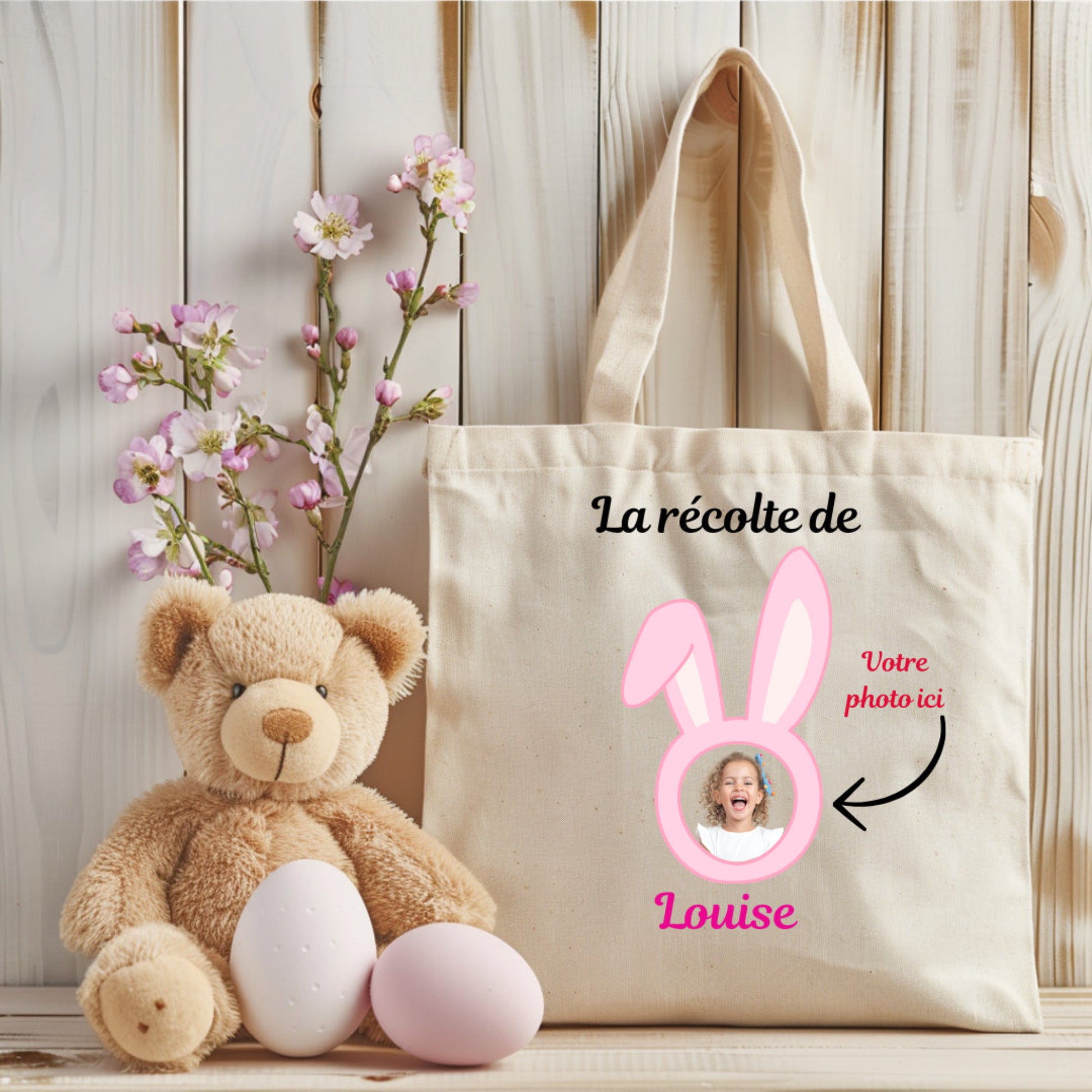 Tote bag en coton beige personnalisé avec photo et prénom