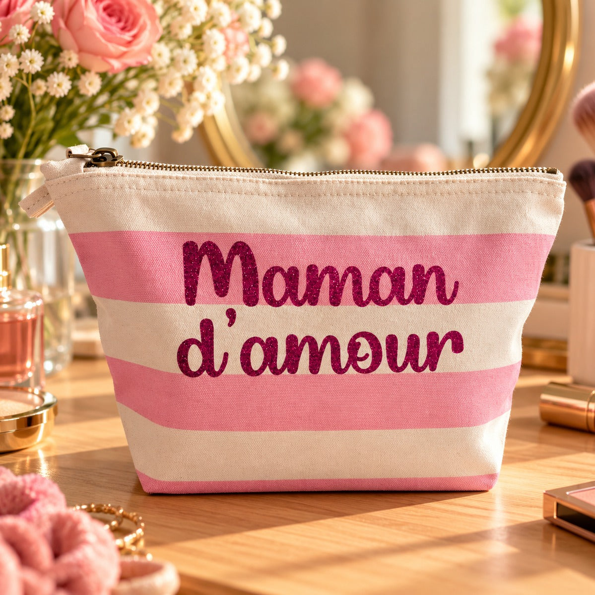 Pochette Maman d'amour en coton rayé rose et écru, lettrage pailleté fuchsia