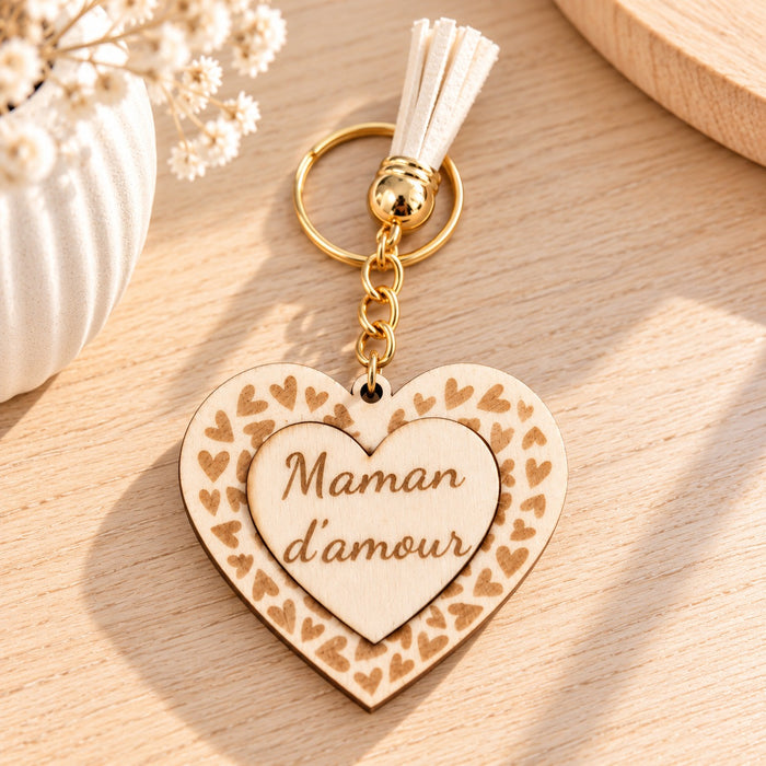 Porte-clés cœur en bois gravé – Maman, Papy, Mamie, Maîtresse, Nounou…