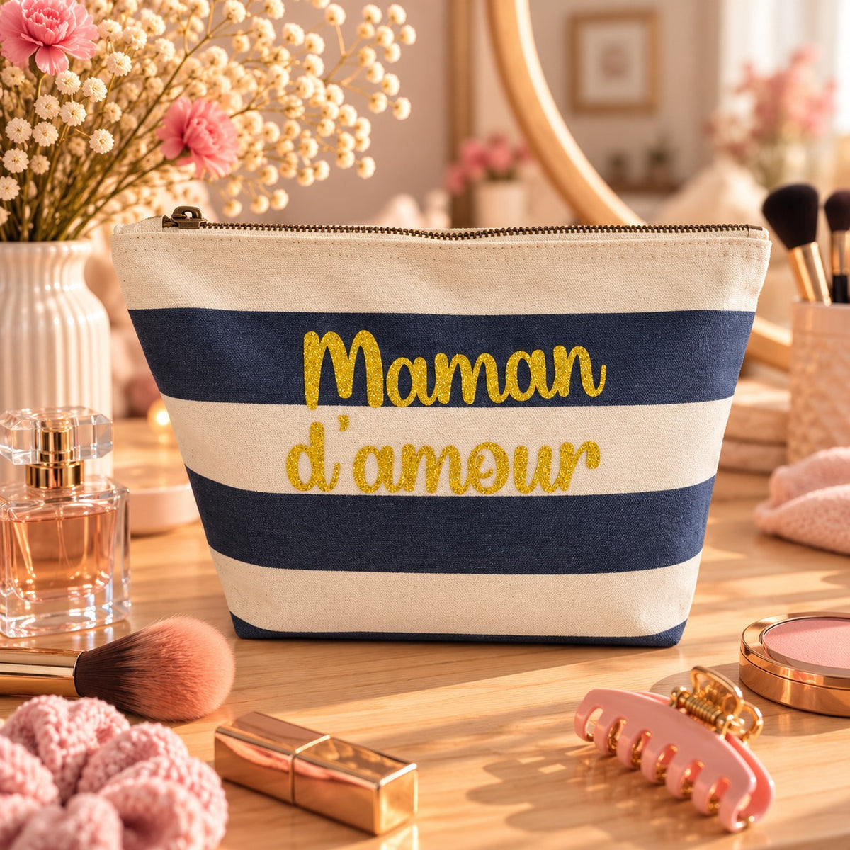 Pochette Maman d'amour rayée bleu marine, lettrage pailleté doré