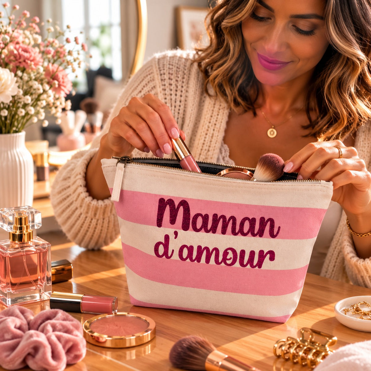 Pochette maquillage Maman d'amour rose ouverte sur une coiffeuse
