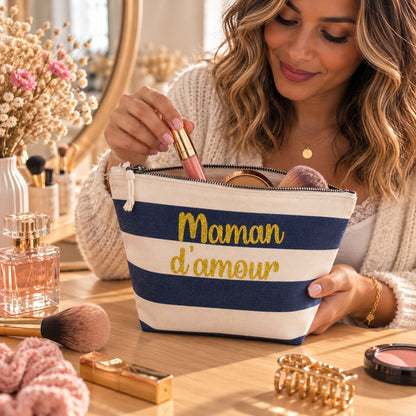 Pochette maquillage Maman d'amour marine et dorée