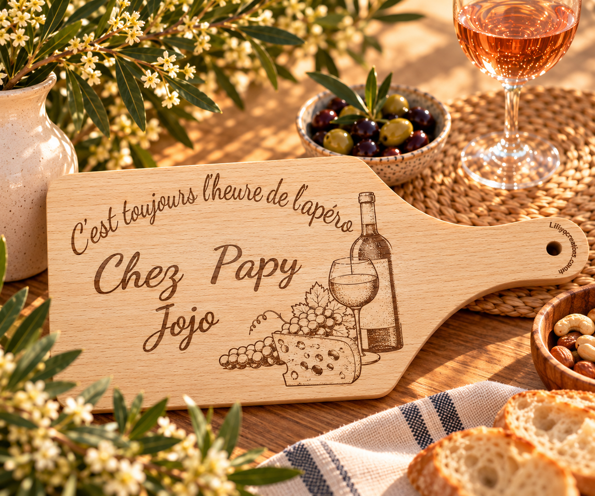 Cadeau grand-père : planche apéro gravée Chez Papy et prénom