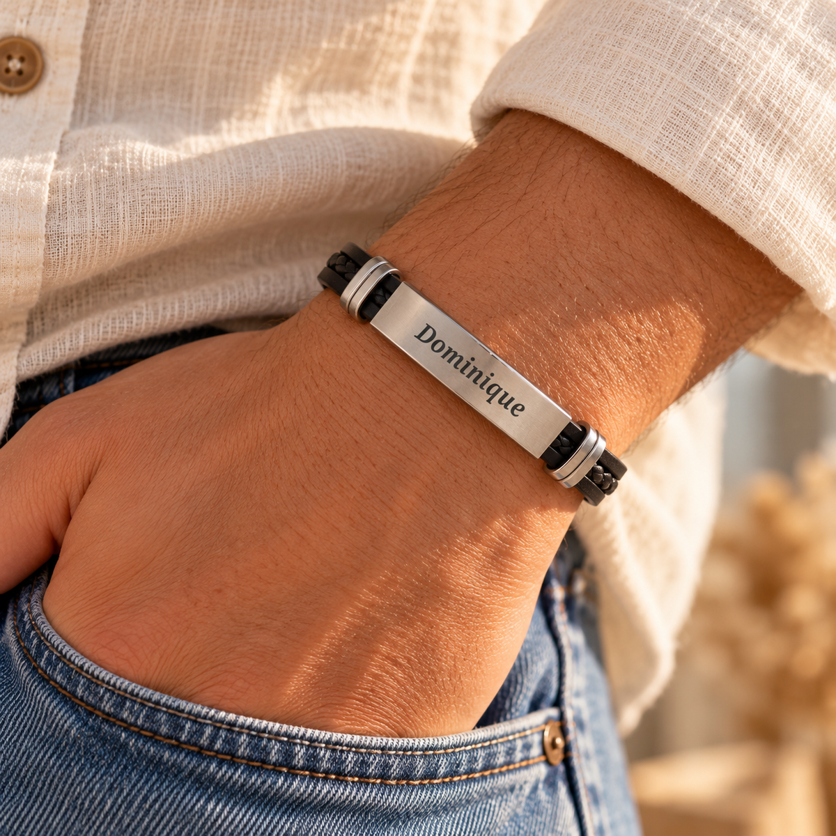 Bracelet homme gravé porté au poignet, plaque acier gravée d'un prénom
