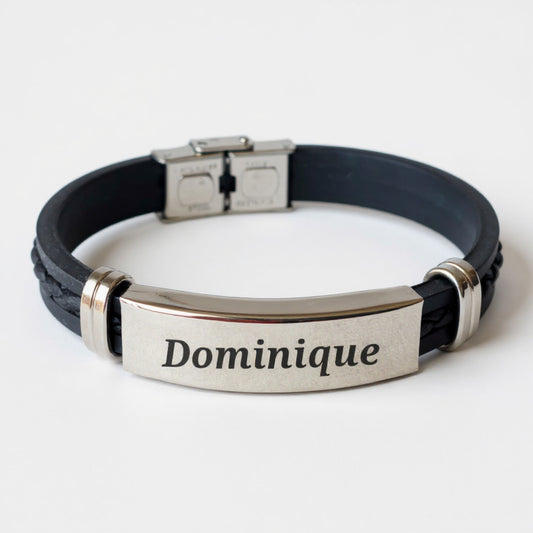 Bracelet homme personnalisé en acier argenté et simili cuir – Gravure laser durable