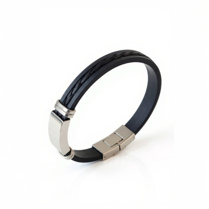 Bracelet homme personnalisé en acier argenté et simili cuir – Gravure laser durable