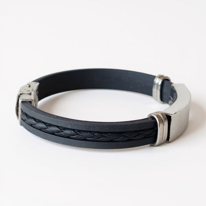 Bracelet homme personnalisé en acier argenté et simili cuir – Gravure laser durable