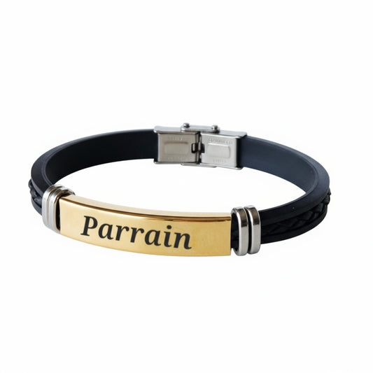 Bracelet homme personnalisé en acier doré et simili cuir – Gravure laser sur mesure