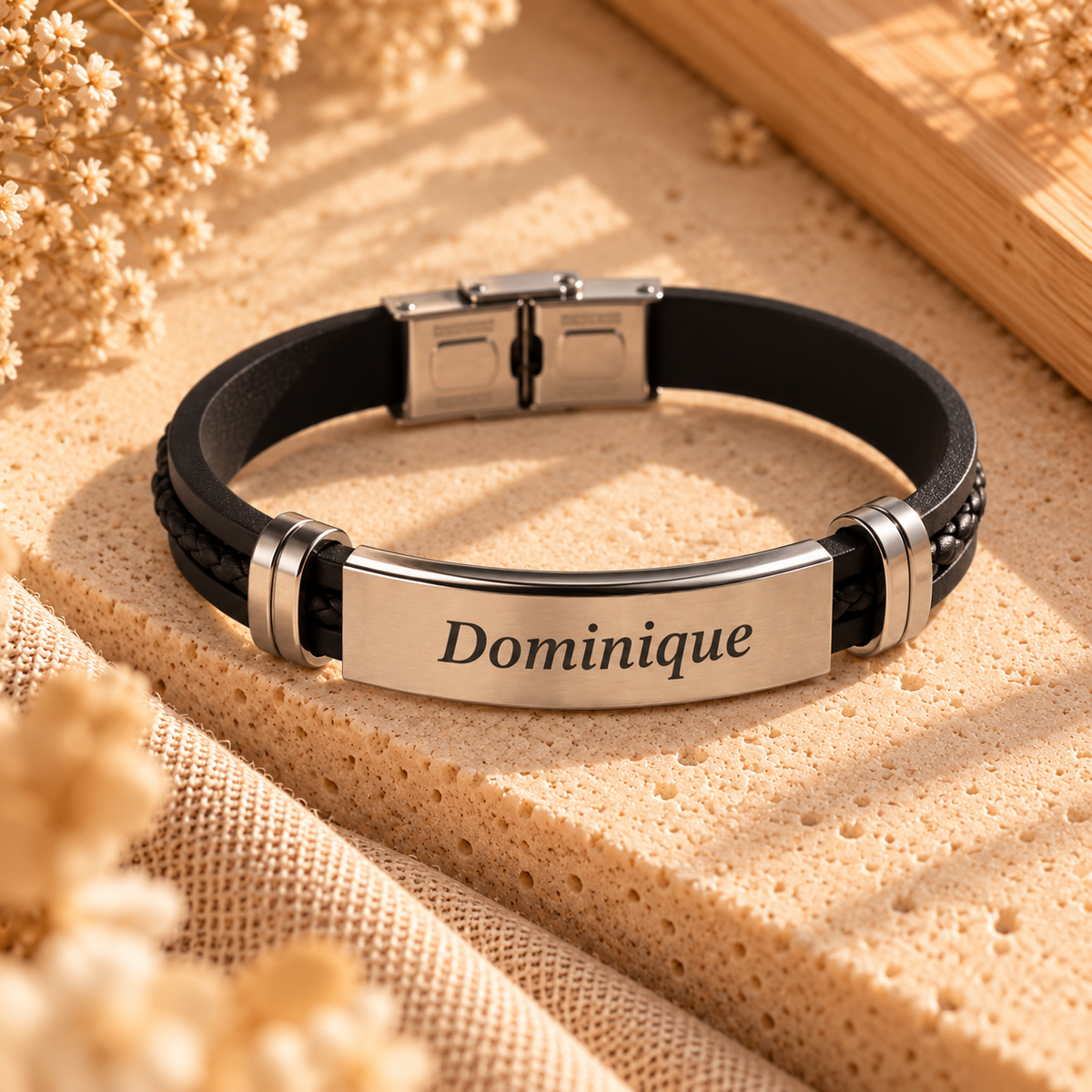 Bracelet homme personnalisé en acier et simili cuir noir, plaque gravée d'un prénom