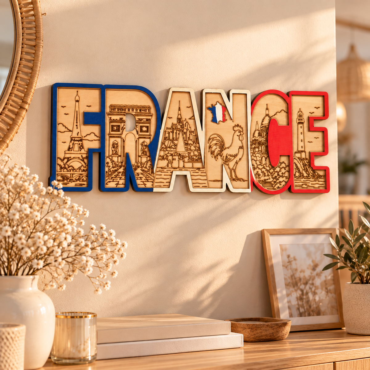 Décoration murale FRANCE en bois accrochée au-dessus d'une commode