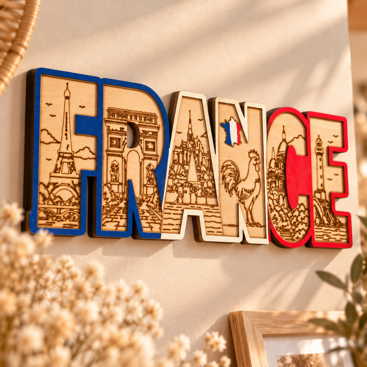 Lettres FRANCE en bois gravé : tour Eiffel, Arc de Triomphe, Mont-Saint-Michel, coq