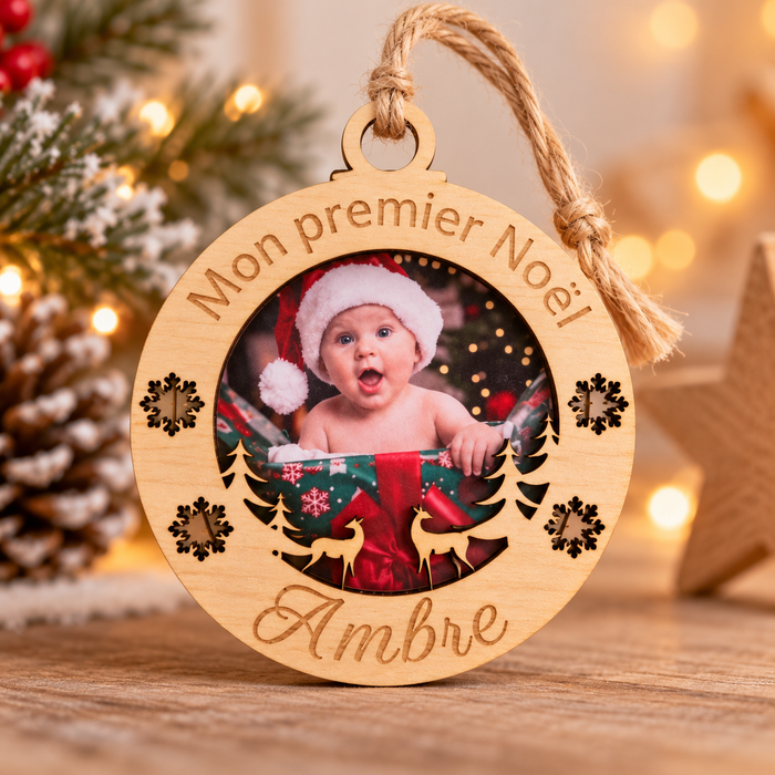 Boule de Noël « Mon premier Noël » avec photo et prénom de bébé