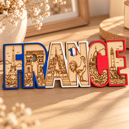Décoration FRANCE en bois gravé, monuments et contour bleu blanc rouge