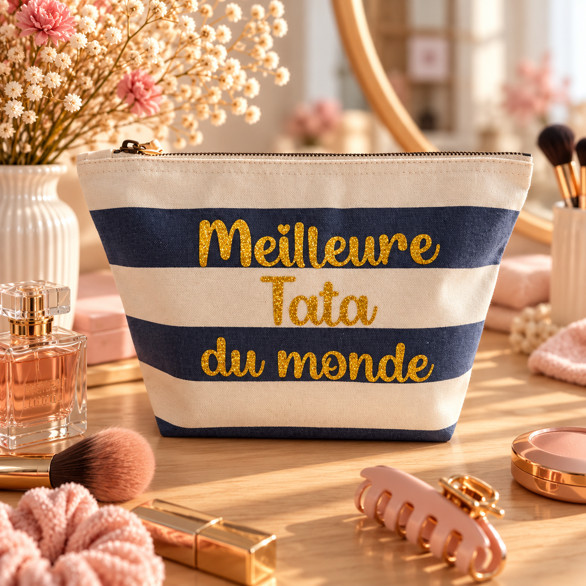 Pochette Meilleure Tata du monde rayée bleu marine, écriture dorée pailletée