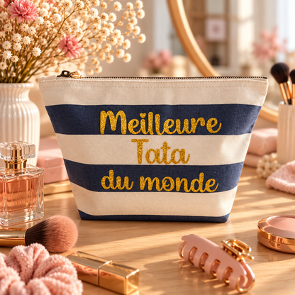 Pochette Meilleure Tata du monde rayée bleu marine, écriture dorée pailletée
