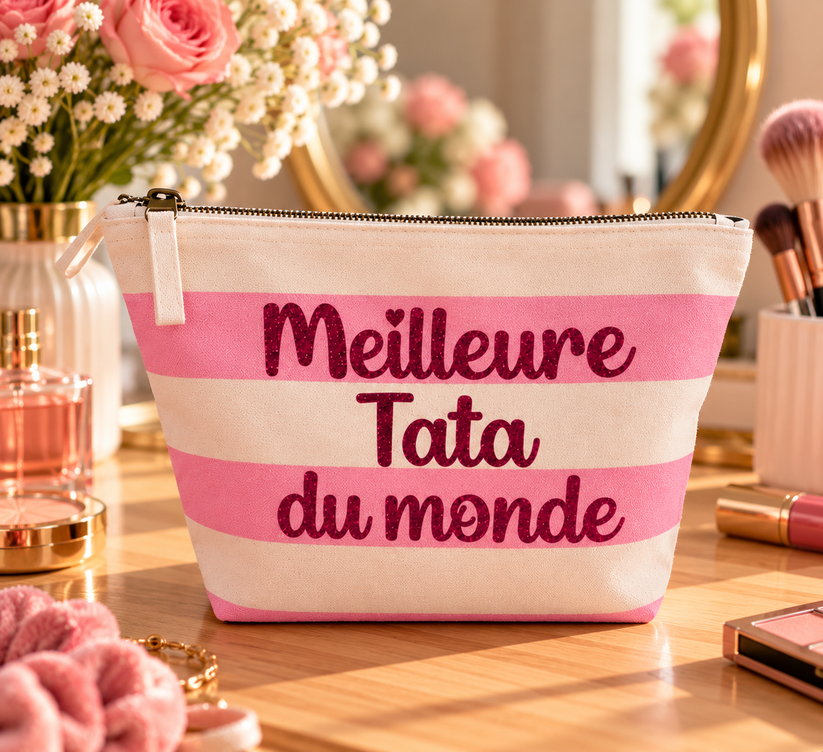 Pochette Meilleure Tata du monde en coton rayé rose, écriture fuchsia pailletée