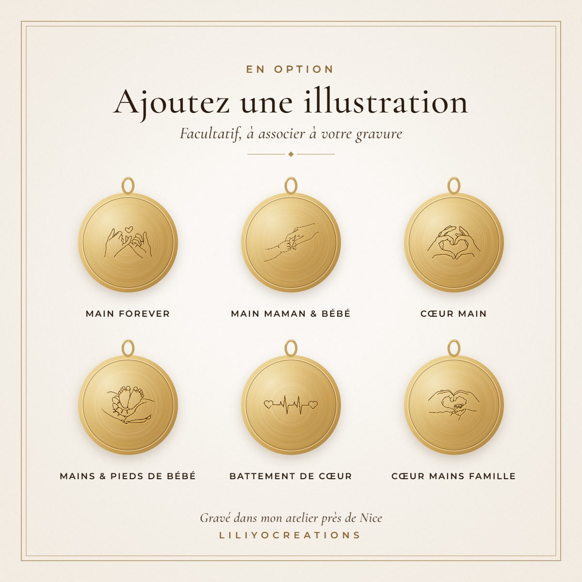 Illustrations à graver sur la médaille : mains, cœur, pieds de bébé, battement de cœur