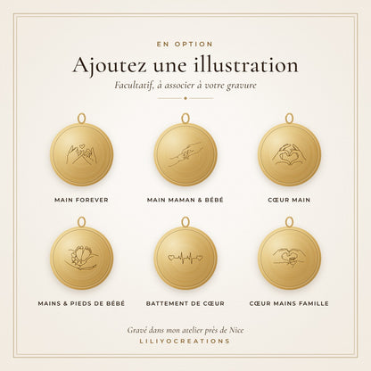 Illustrations à graver sur la médaille : mains, cœur, pieds de bébé, battement de cœur