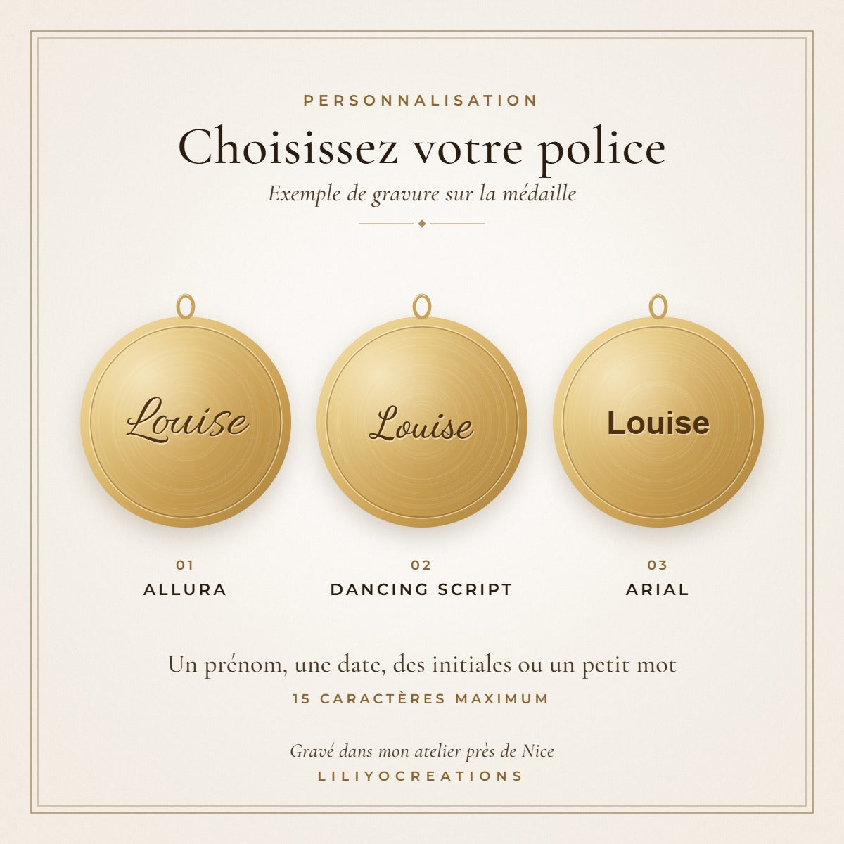 Choix de la police de gravure : Allura, Dancing Script ou Arial, exemple sur médaille dorée