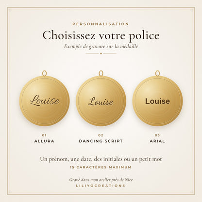 Choix de la police de gravure : Allura, Dancing Script ou Arial, exemple sur médaille dorée