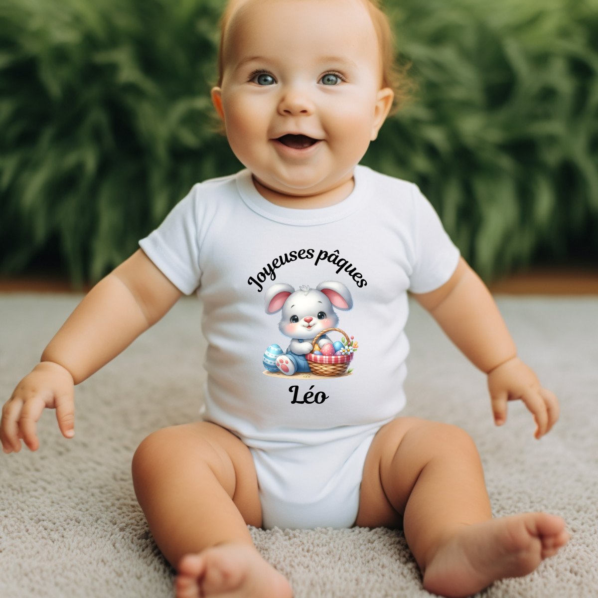 Bébé portant le body « Joyeuses Pâques » lapin peluche avec prénom