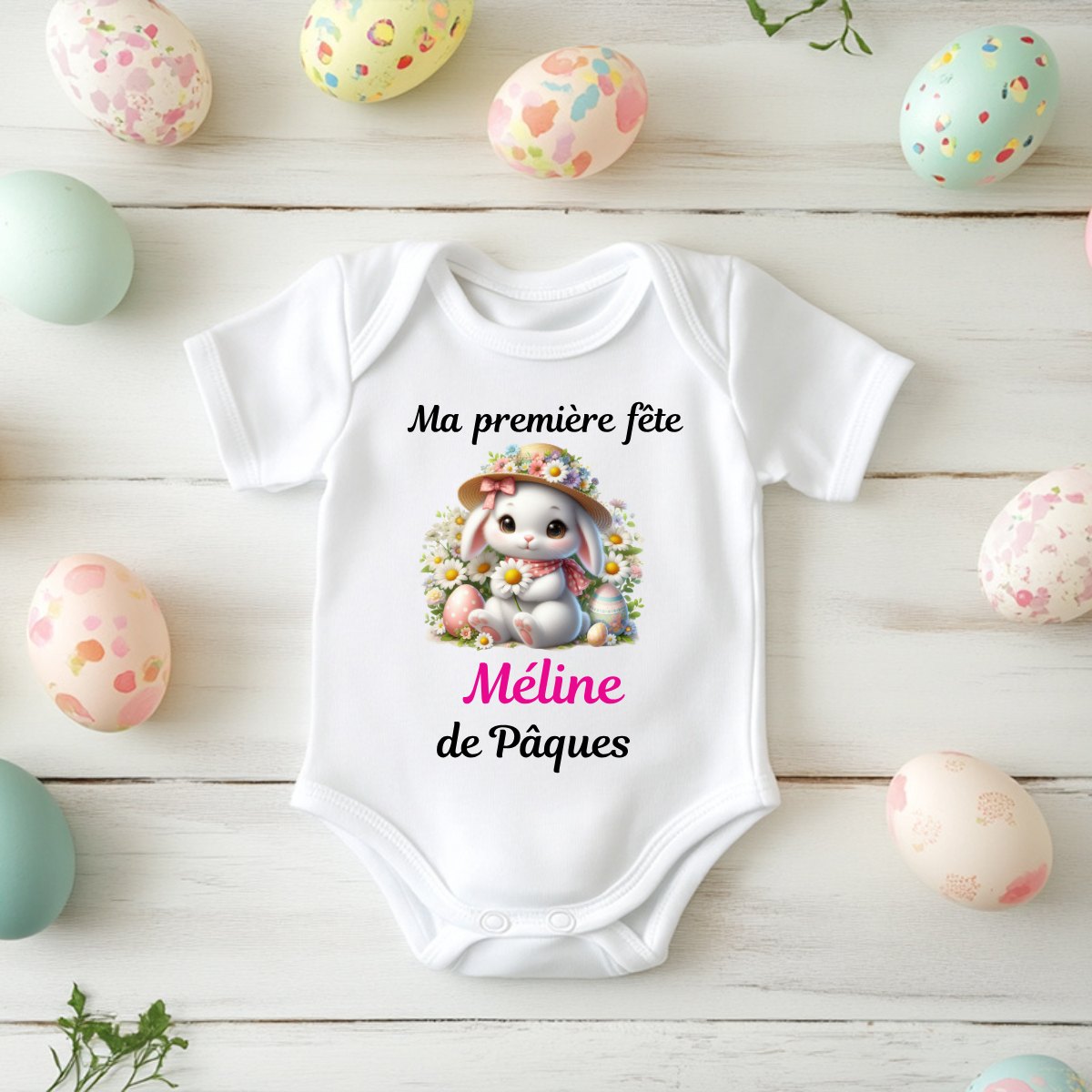 Body bébé « Ma première fête de Pâques » lapin fleuri personnalisé au prénom