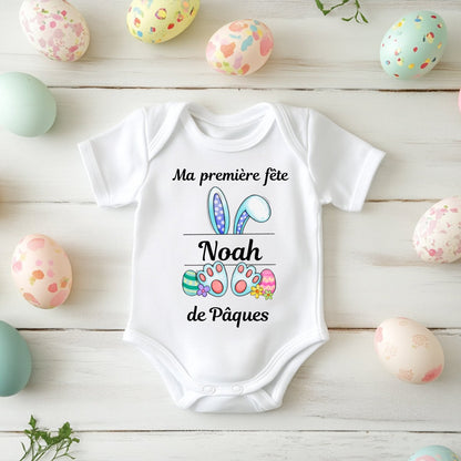 Body bébé « Ma première fête de Pâques » oreilles de lapin personnalisé au prénom