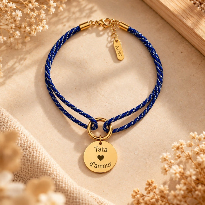 Bracelet cordon tressé et médaille gravée personnalisée