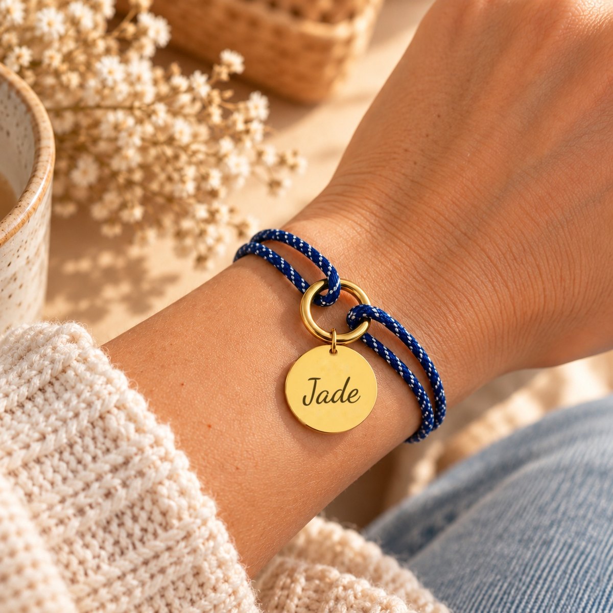 Bracelet personnalisé cordon bleu roi porté au poignet, médaille gravée d'un prénom
