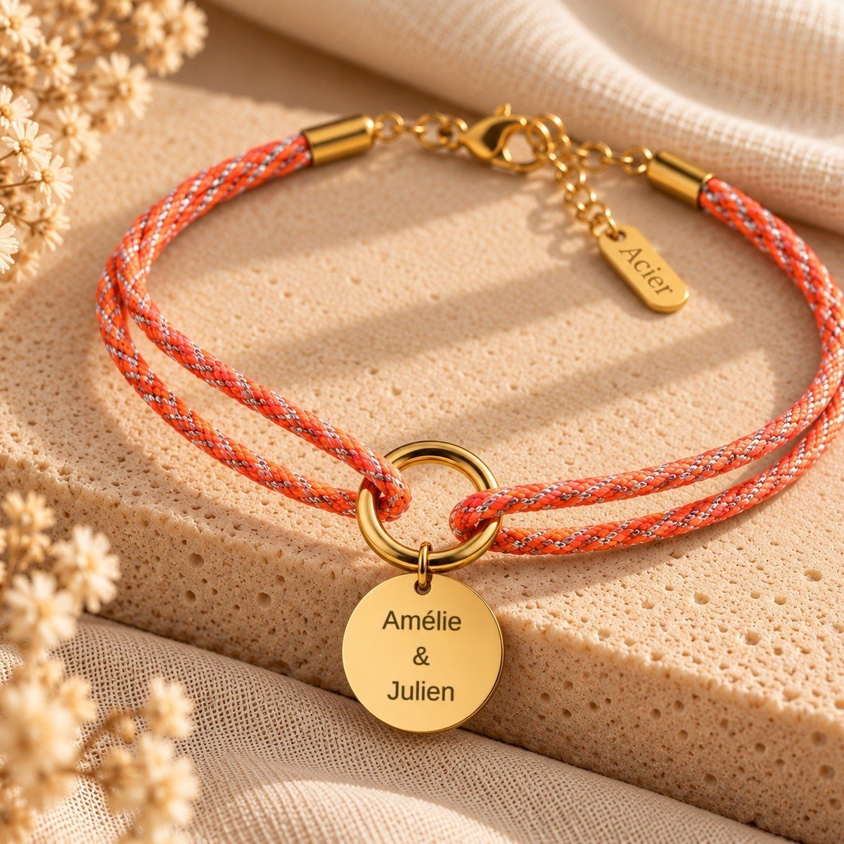 Bracelet cordon tressé orange et médaille dorée gravée de deux prénoms pour un couple