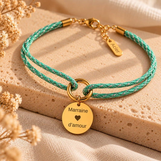 Bracelet cordon tressé vert et médaille dorée gravée « Marraine d'amour »