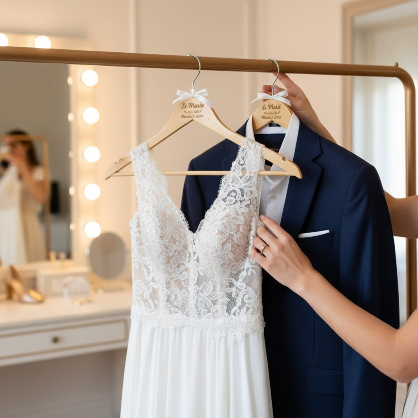 Cintre mariage personnalisé en bois gravé – Prénoms & date