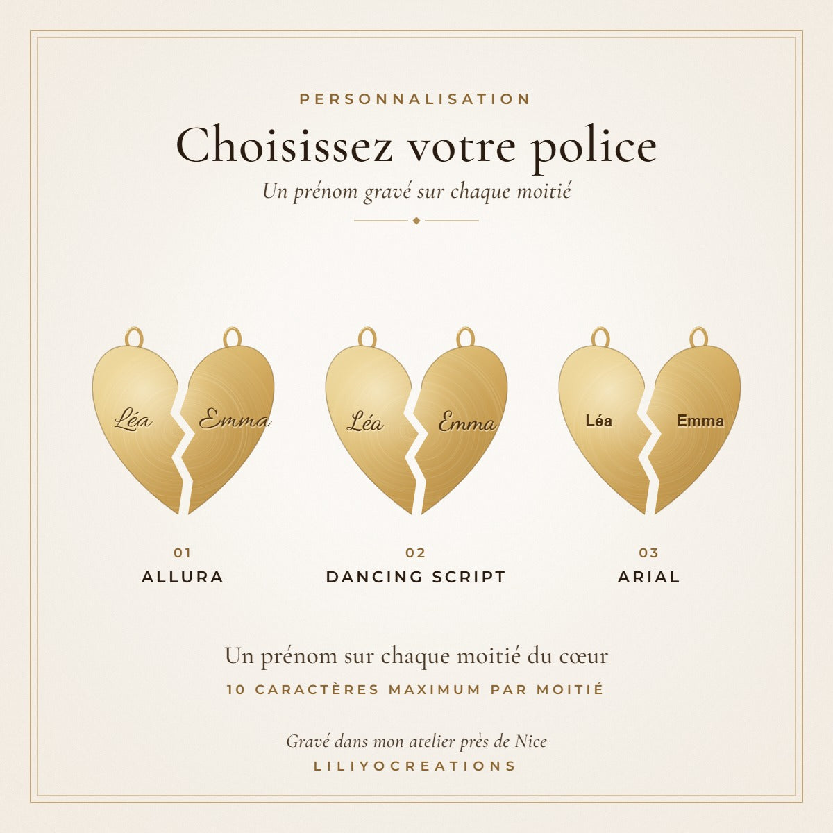 Collier cœur brisé : un prénom gravé sur chaque moitié, choix de la police