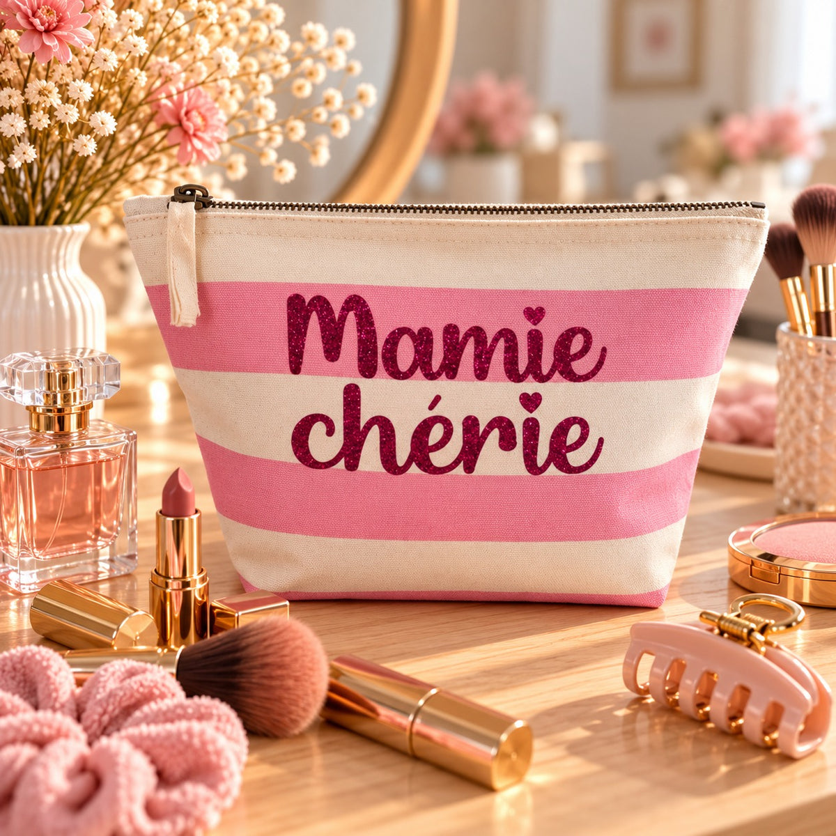 Pochette Mamie chérie en coton rayé rose, écriture fuchsia pailletée