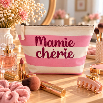 Pochette Mamie chérie en coton rayé rose, écriture fuchsia pailletée