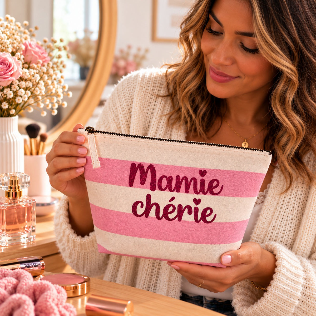Pochette Mamie chérie tenue en main, cadeau fête des grands-mères