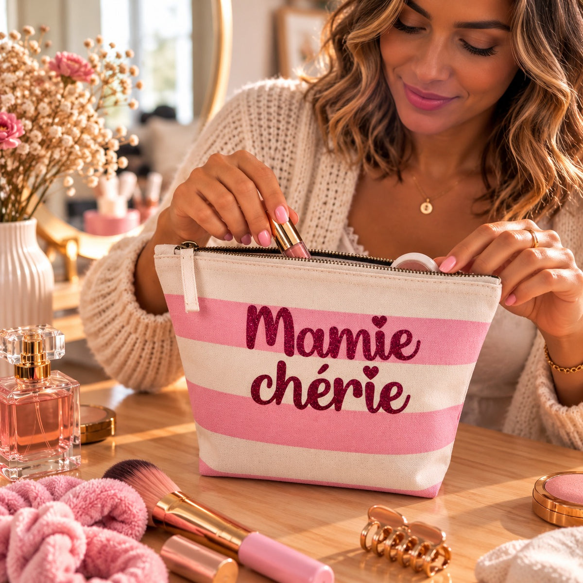Pochette maquillage Mamie chérie rose sur une coiffeuse