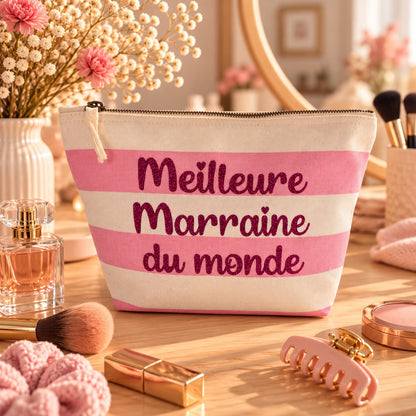 Pochette Meilleure Marraine du monde en coton rayé rose, écriture fuchsia pailletée