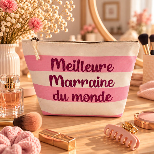 Pochette Meilleure Marraine du monde en coton rayé rose, écriture fuchsia pailletée