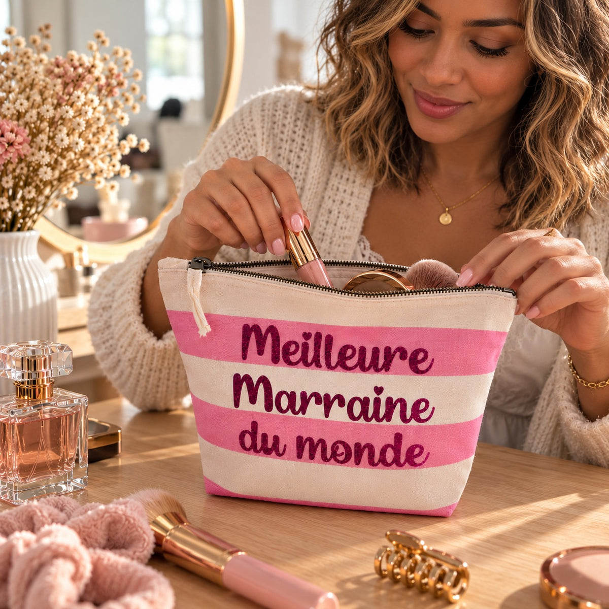 Pochette maquillage Meilleure Marraine du monde rose